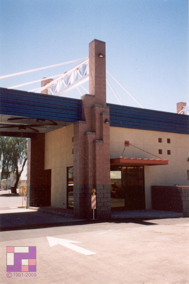 Commercial building with shaded entry canopy
