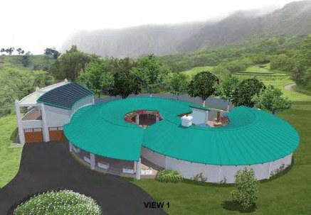 Rendering of a round pavilion in forested hills