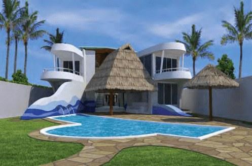 Rendering of a tropical residence with thatched palapa and pool