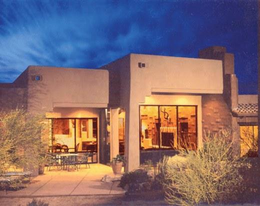 Covered patio and pool at evening
