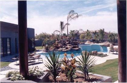 Resort-style pool surrounded by palms