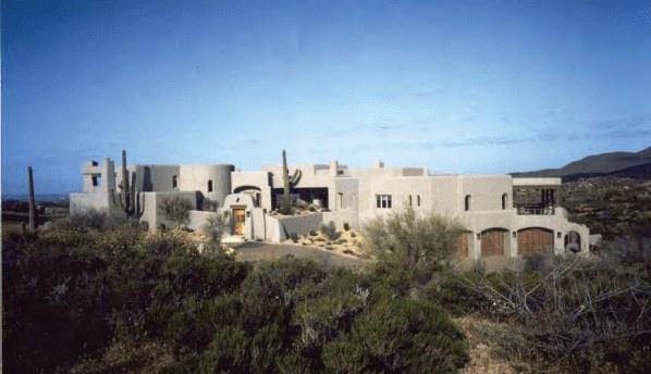 Entry courtyard with mature saguaro